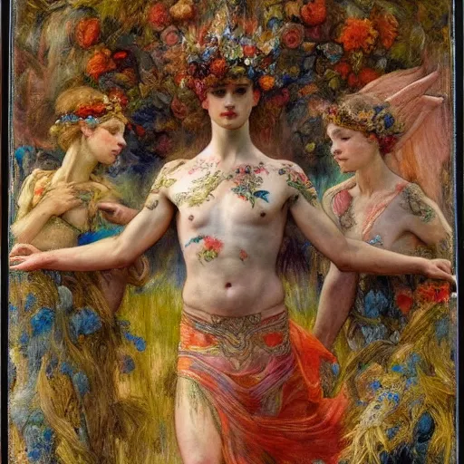 Image similar to coronation of the flower prince, by Annie Swynnerton and Gaston Bussière, embroidered brocade, tattoos, elaborate costume, geometric ornament, symbolist, rich colors, dramatic lighting, smooth, sharp focus, extremely detailed