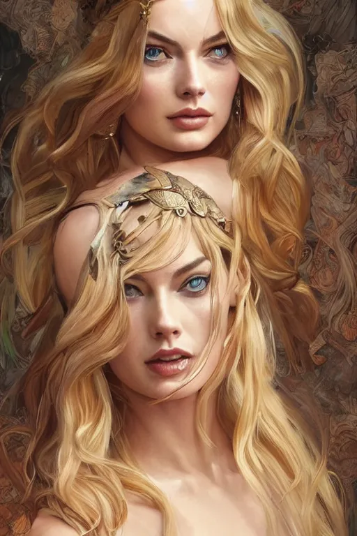 Image similar to ultra realistic illustration, a stunningly beautiful greek goddess of chaos played by margot robbie and taylor swift and megan fox and emma stone and britney spears, intricate, elegant, highly detailed, digital painting, artstation, concept art, smooth, sharp focus, illustration, art by artgerm and greg rutkowski and alphonse mucha