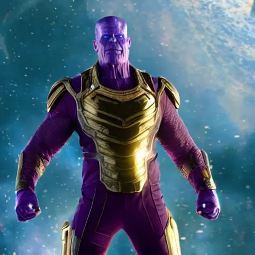 Image similar to ted danson, wearing thanos armour, wearing the infinity gauntlet hd 4k photo, cinematic lighting