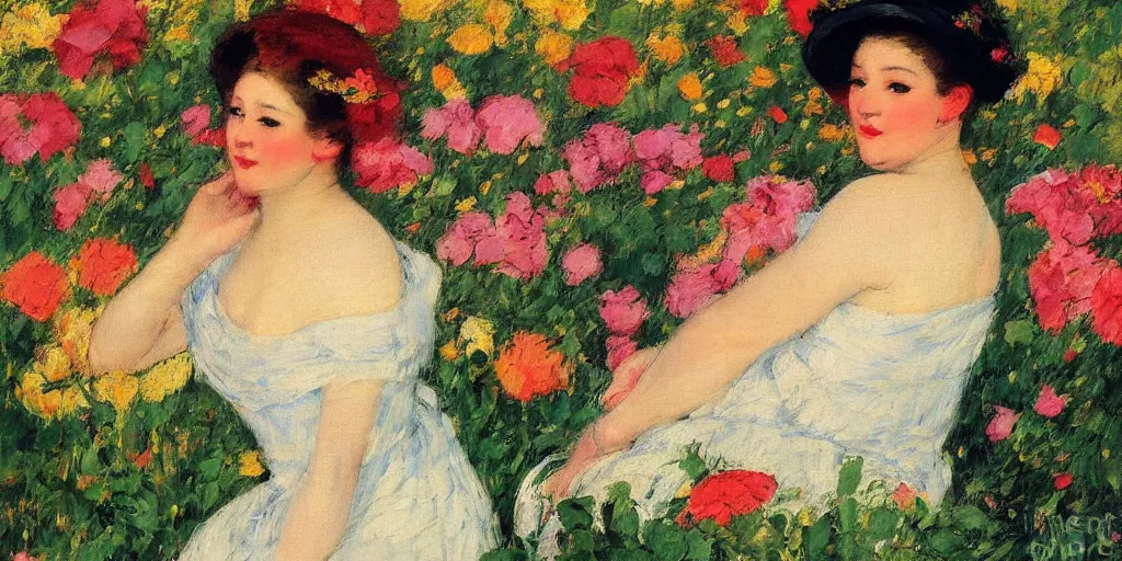Prompt: vintage beautiful painting of a beautiful woman in a flower garden in mary cassatt style