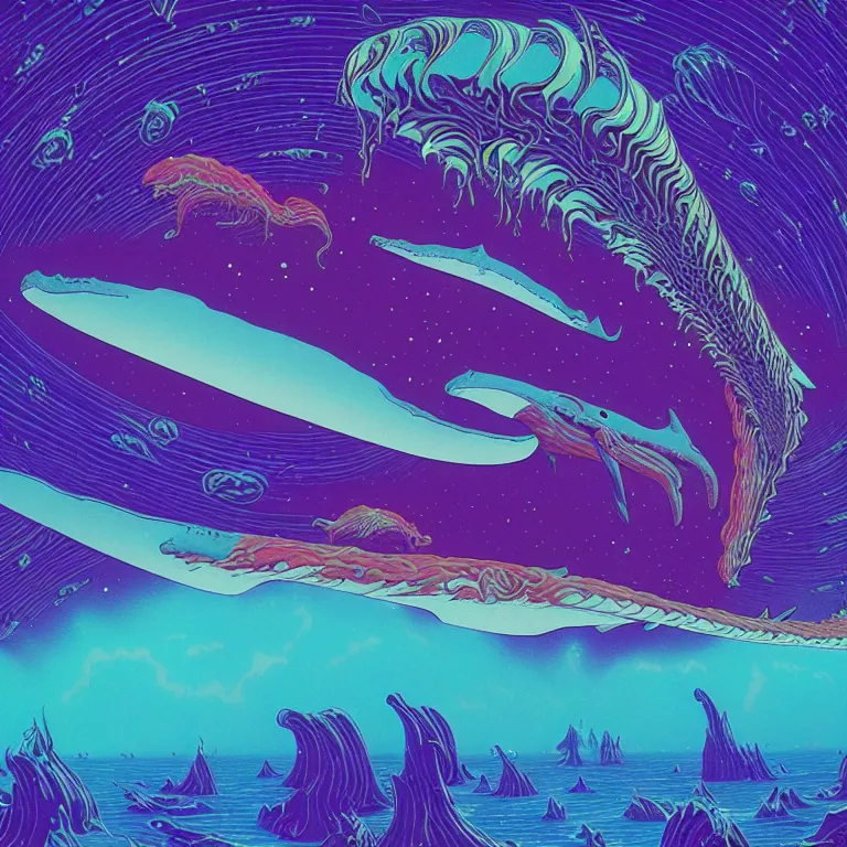 Prompt: interstellar aquatic whales, infinite fractal dimensional portal, bright neon colors, highly detailed, cinematic, eyvind earle, tim white, philippe druillet, roger dean, lisa frank, aubrey beardsley