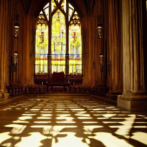 Prompt: man in large throne room of grand cathedral, sitting alone, shadows, fantasy, profile picture