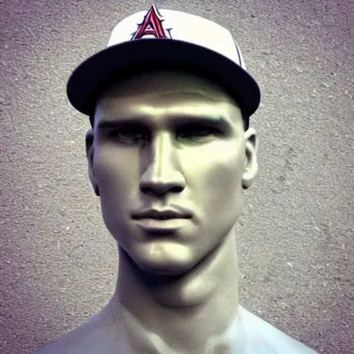 Image similar to “a realistic detailed photo of a guy who is an attractive humanoid who is half robot and half humanoid, who is a male android, baseball player Mike Trout, shiny skin, posing like a statue, blank stare”