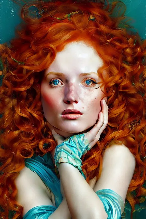 Image similar to hyper realistic painting portrait of a redhead girl with flowing curls and closed eyes, her skin is painted in gold paint and turquoise background, hyper detailed face by stjepan sejic, norman rockwell, michael hussar, roberto ferri and ruan jia