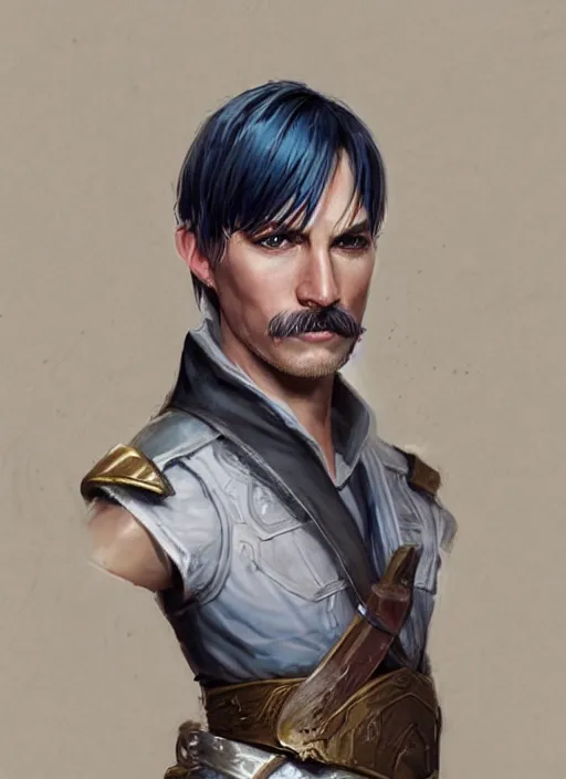 Image similar to young man with short white combover hair and moustache, dndbeyond, bright, colourful, realistic, dnd character portrait, full body, pathfinder, pinterest, art by ralph horsley, dnd, rpg, lotr game design fanart by concept art, behance hd, artstation, deviantart, hdr render in unreal engine 5