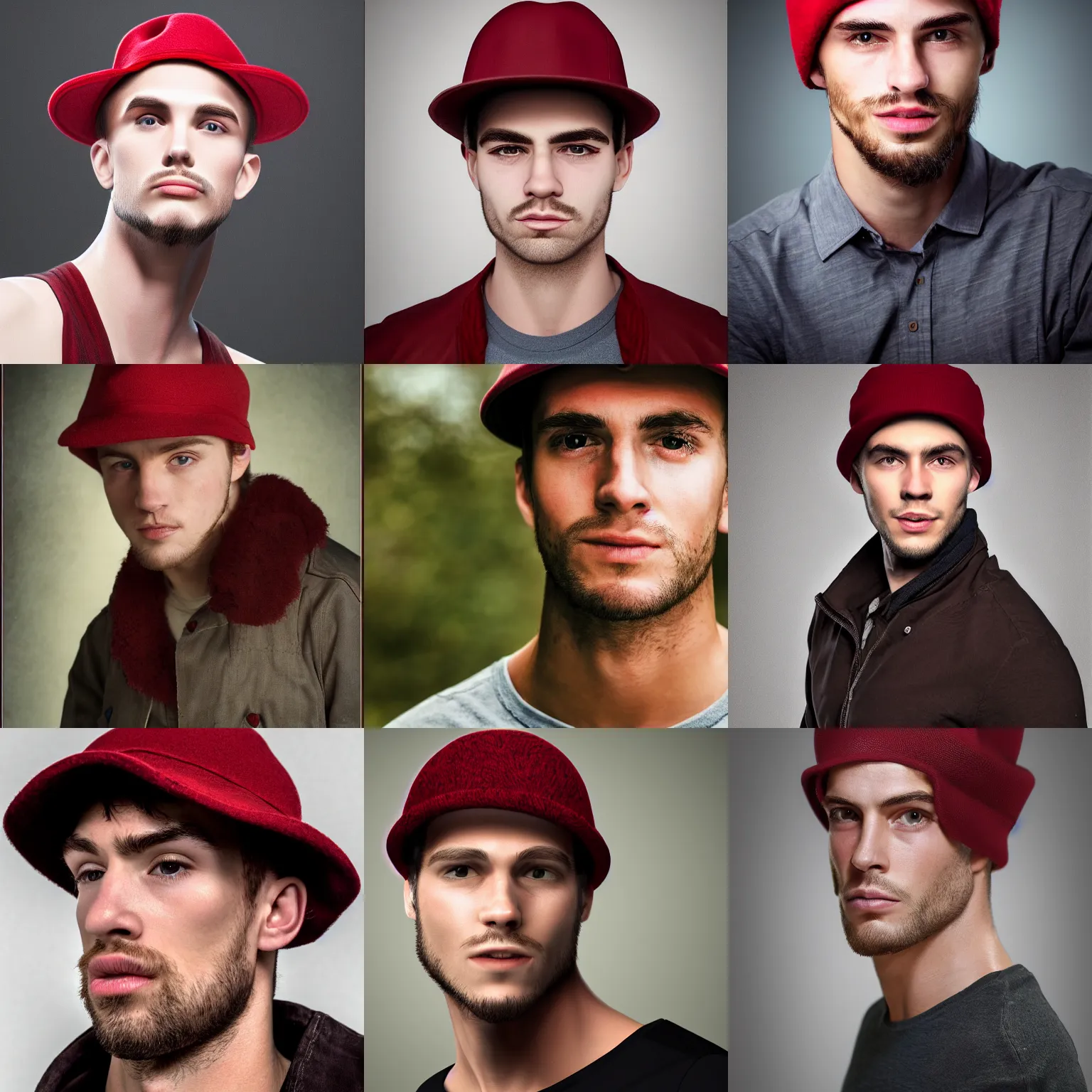 Prompt: photorealistic portrait young man ethan hawk strong jawline dark red hat smirk