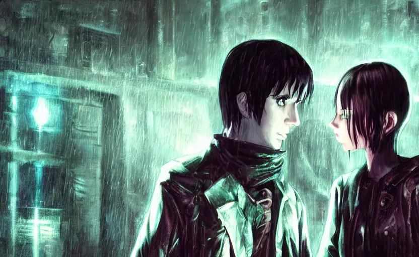 Prompt: an epic fantasy comic book style portrait painting of very beautiful imposing industrial goths trent reznor and lain ( serial experiments lain ) in the rain, neon reflections, character design by mark ryden and pixar and hayao miyazaki, unreal 5, daz, hyperrealistic, octane render, cosplay, rpg portrait, dynamic lighting, intricate detail, cinematic