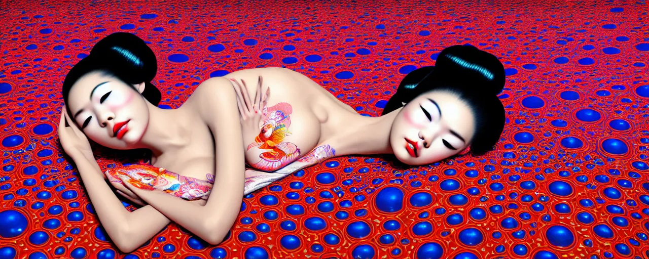 Image similar to realistic detailed image of a geisha laying down in a padded room, conjuring psychedelic background, part by yayoi kusama, part by alex gray, part by ross tran, part by james jean, ultra realistic, highly detailed, life like face, detailed body, 8 k, octane render, trending on artstation, very cohesive, masterpiece