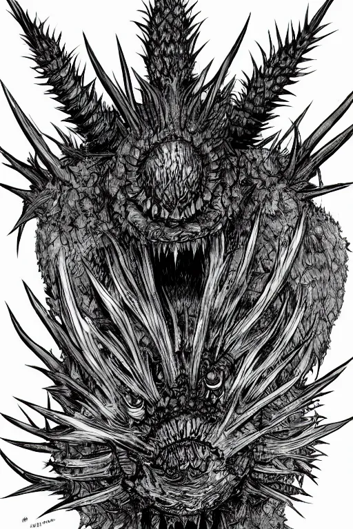 Image similar to thistle monster heavily armoured, symmetrical, highly detailed, digital art, needles, thorns, sharp focus, trending on art station, kentaro miura manga art style