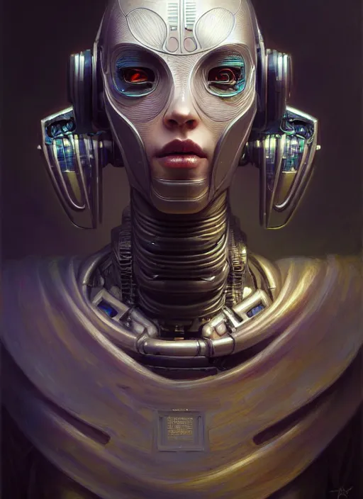 Image similar to portrait shot of a cyberpunk robot, intricate, elegant, highly detailed, centered, digital painting, artstation, concept art, smooth, sharp focus, illustration, artgerm, tomasz alen kopera, peter mohrbacher, donato giancola, joseph christian leyendecker, wlop, boris vallejo