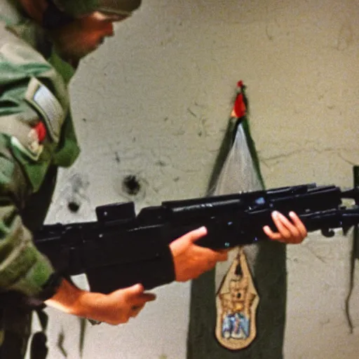 Image similar to a high quality color dutch angle wide shot film 3 5 mm depth of field photograph of a man wearing army fatigues, holding an ak - 4 7 nervously pointing it in front of him getting ready to shoot, in a secret military bunker in antarctica in 1 9 8 2