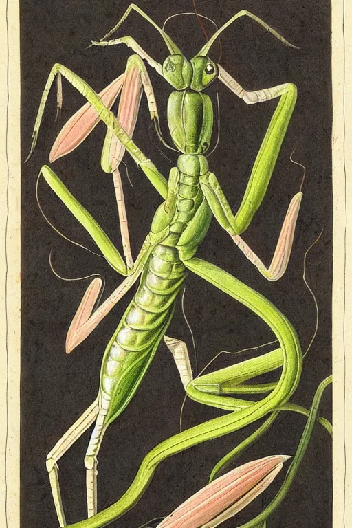 Prompt: praying mantis, by maria sibylla merian