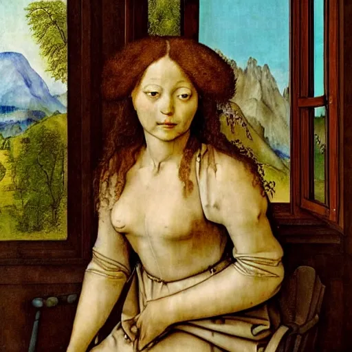 Image similar to A beautiful sculpture of a woman with long curly hair, wearing a white dress and sitting in a chair in front of a window with a view of a mountainside. neo-expressionism by Albrecht Dürer artificial