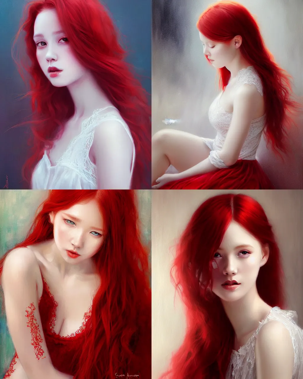 Image similar to girl with red hair and white lace dress, a beautiful portrait, soft painting, by stanley artgerm lau, wlop, rossdraws, lerapi, and sakimichan