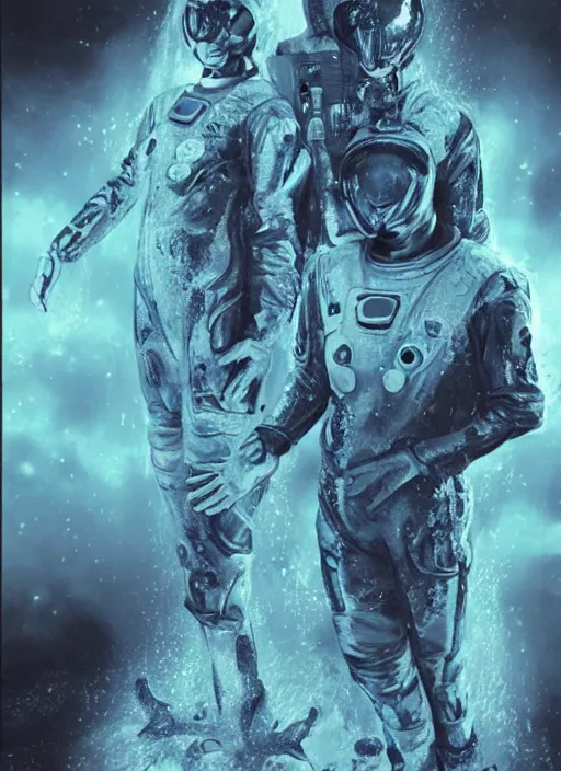 Image similar to astronauts in dark and empty void underwater - complex and hyperdetailed technical suit. reflection and dispersion materials. rays and dispersion of light. volumetric light. 5 0 mm, f / 3 2. noise film photo. flash photography. ultra realistic, wide angle. poster by wayne barlowe, hajime sorayama aaron horkey, craig mullins