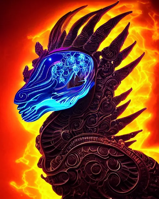 Prompt: 3 d ornate carved dark cosmic horse with profile portrait, sigma 5 0 0 mm f / 5. beautiful intricate highly detailed quetzalcoatl skull. bioluminescent, plasma, lava, ice, water, creature, thunderstorm! artwork by tooth wu and wlop and beeple and greg rutkowski, 8 k trending on artstation