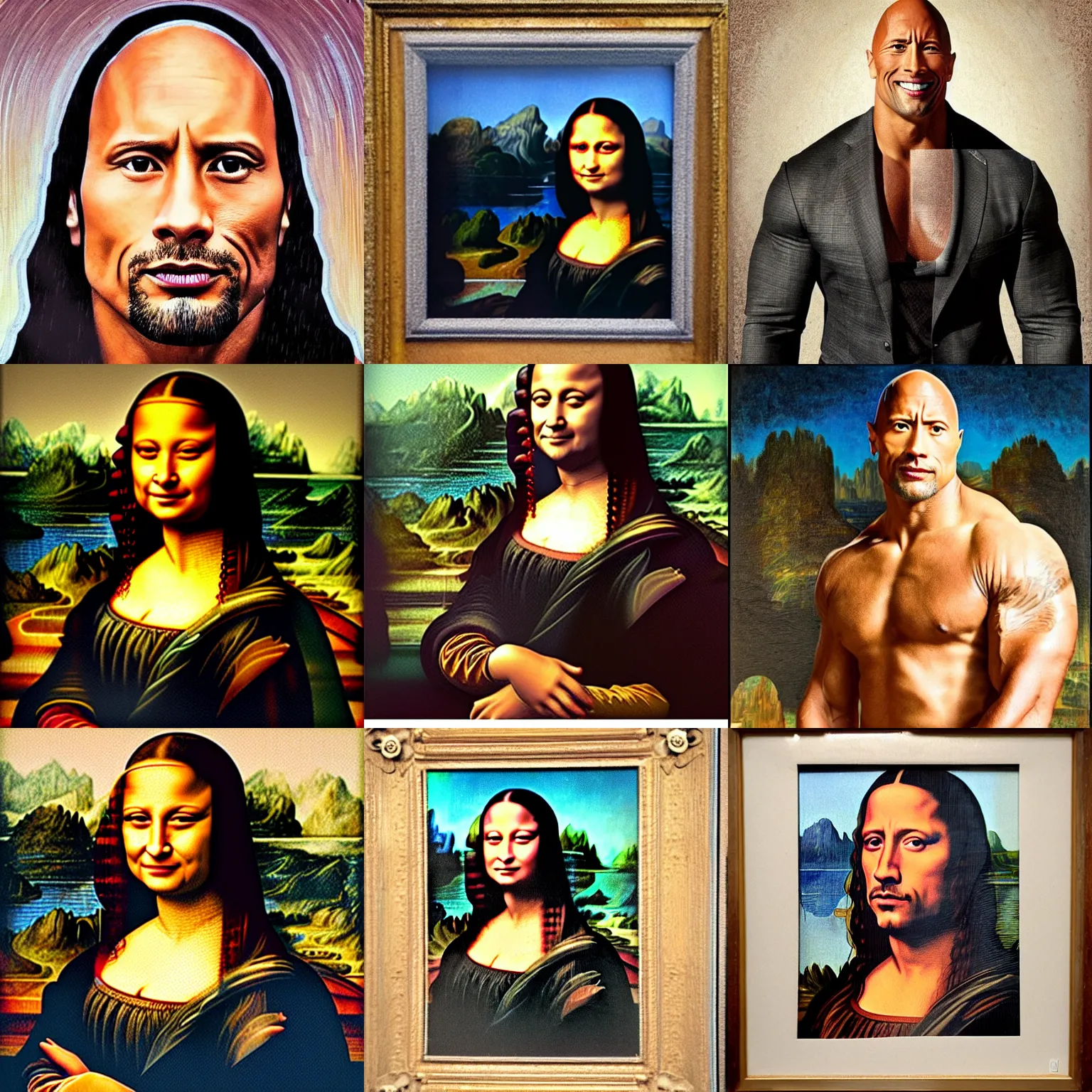 Prompt: Photo of Dwayne Johnson, in the style of the Mona Lisa, smirking, raised eyebrow