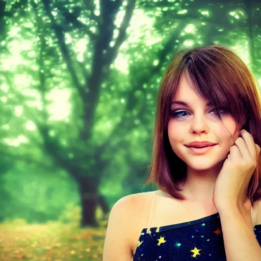 Image similar to an hd photo of a cute young woman with short brown hair and green eyes, beautiful trees in the background, night sky with stars and galaxies, trending on artstation