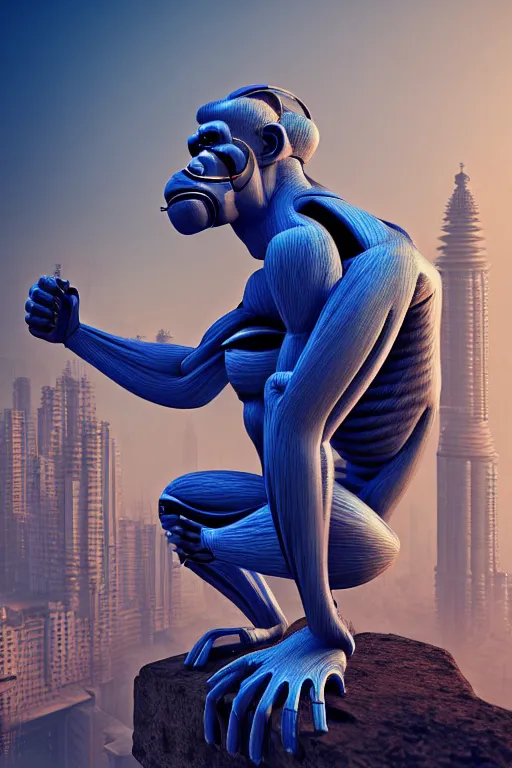 Image similar to high quality 3 d render stylized mischievous cyborg muscular man monkey blue hybrid sitting, madhubani, highly detailed, cyberpunk!! mumbai in the background, unreal engine cinematic smooth, szukalski, moody light, low angle, uhd 8 k, sharp focus