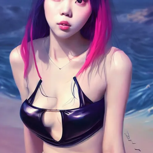 Image similar to a beautiful young korean kpop star billie eilish lucy liu alluring instagram model in elaborate latex bikini tank top, tank top made from latex demon faces, by guweiz and wlop and ilya kuvshinov and artgerm and, aesthetic, gorgeous, stunning, alluring, attractive, artstation, deviantart, pinterest, digital art