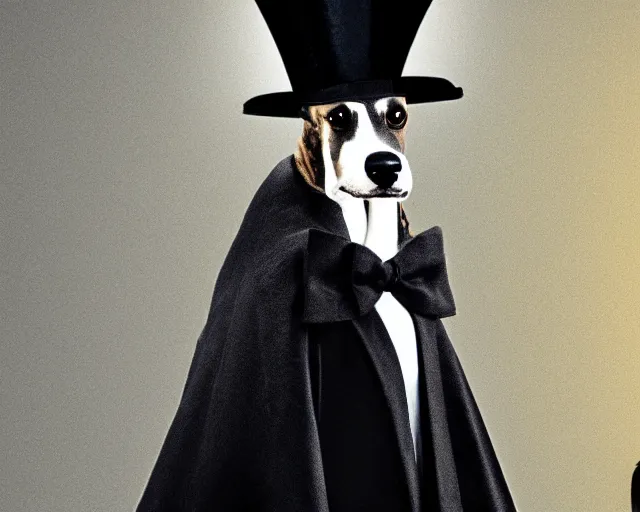 Prompt: greyhound wearing a black cloak and a top hat, under a spotlight, magician dog performing on stage, dapper greyhound