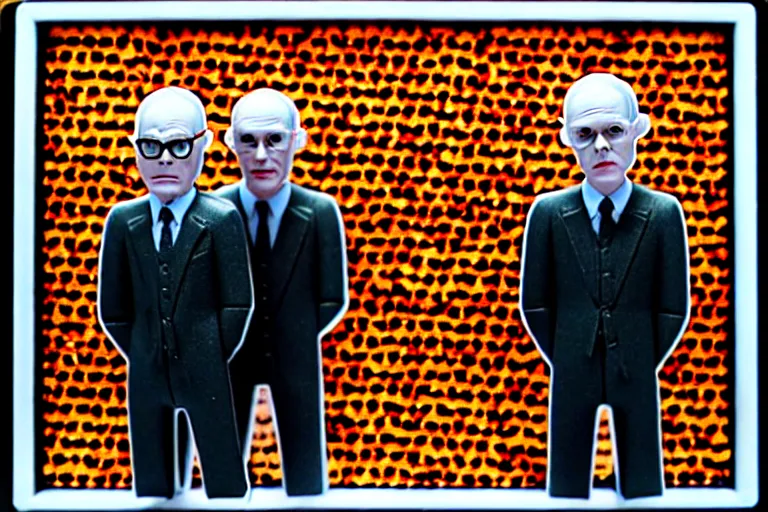 Prompt: image of gilbert and george being possessed by the ghost of alan turing, chromatic noise, stop motion vinyl action figure, plastic, toy, butcher billy style