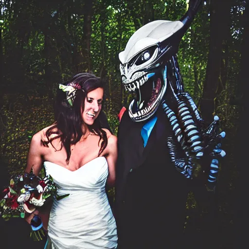 Image similar to wedding photography picture of a predator ( from the predator movies ) as the groom and a xenomorph alien as the bride in an outdoor wedding ceremony