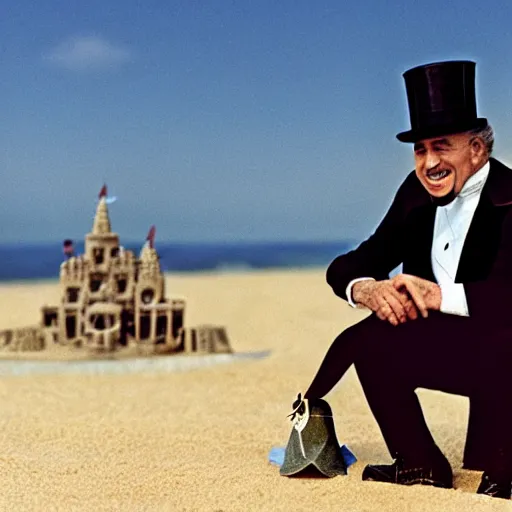 Prompt: the godfather wears a top hat and smiles. 5 0 mm, cinematic, technicolor. sea and beach and a sandcastle in the background. stars in the sky.