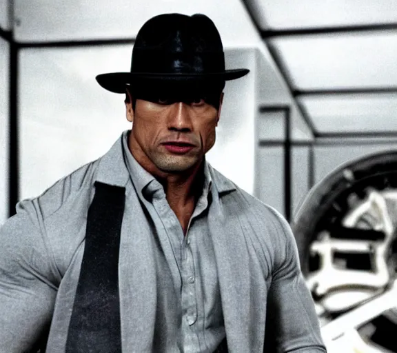 Image similar to dwayne johnson in a clockwork orange, movie still