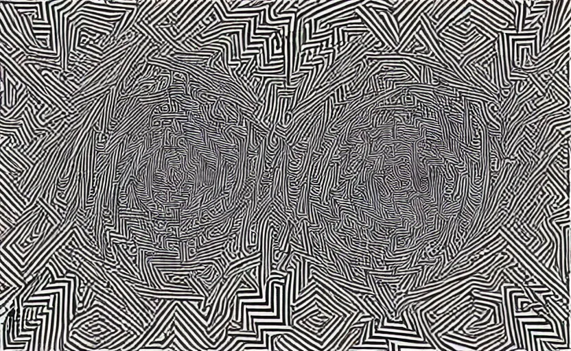 Image similar to intricate maze linework highly detailed optical illusion escher