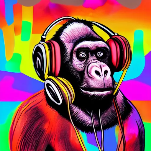 Prompt: ape wearing headphones, colorful, digital art,