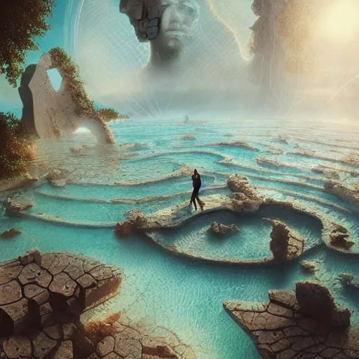 Image similar to peter tarka, minimalistic, hyperrealistic surrealism, award winning masterpiece with incredible details, epic stunning, astronaut sinking falling underwater infinity pool, a surreal vaporwave liminal space, highly detailed, trending on ArtStation, artgerm and greg rutkowski and alphonse mucha, daily deviation, IAMAG, broken giant marble head statue ruins, illuminated