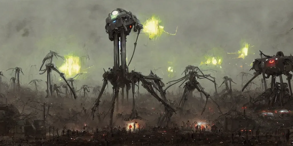 Image similar to war of the worlds, giant mech, human soldiers, intense fighting, glowing lights! digital painting, very detailed, art by jakub rozalski