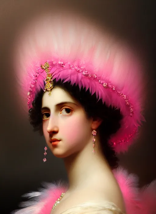 Image similar to stunning spanish godess princess, detailed pink and white feathers head peace against a black backdrop by ivan aivazovsky, 3 / 4 view portrait, wlop, super sharp details, photorealism, canon 5 d, 5 0 mm lens, stunning photoshot, beautiful soft lighting, muted colours, artstation