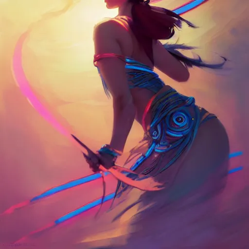 Prompt: curvy asian ethnic warrior girl, digital illustration by ruan jia on artstation, outlined by whirling illuminated neon lines and fine lines swirling in circles by jesper ejsing and rhads and makoto and shinkai and lois van baarle, digital art, trending on artstation - h 9 6 0