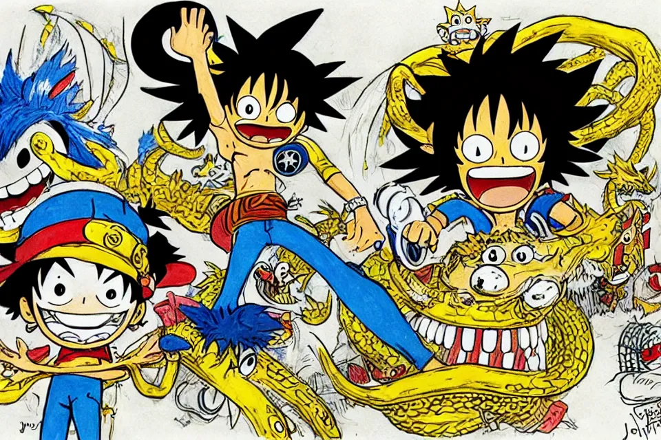 Image similar to concept sketches of luffy wearing a gold crown riding a large dragon by jamie hewlett, in the style of megaman, micro detail