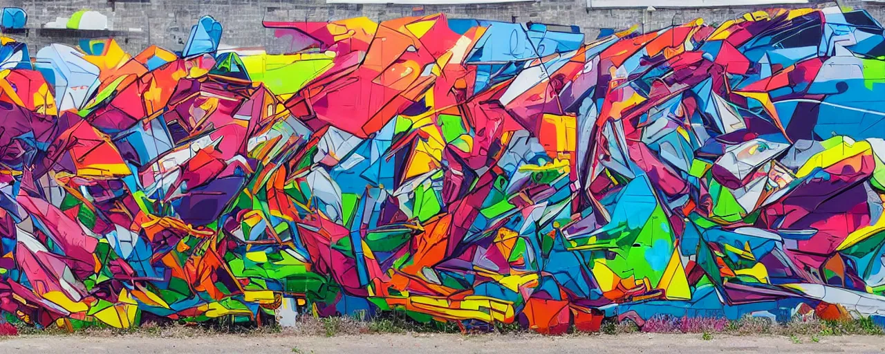 Image similar to a mural by loomit in street art style, graffiti painting, hyperdetailed, colorful, 3 d, perspective, dynamic, plastic, complex, intricate