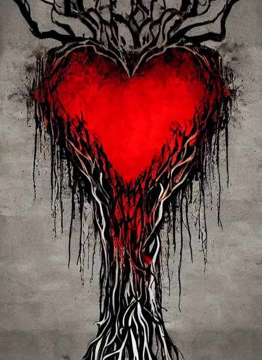 Image similar to dripping heart in fire ❤🔥 with roots growing above it, sadness, dark ambiance, concept by godfrey blow and banksy, featured on deviantart, sots art, lyco art, artwork, photoillustration, poster art, black and red