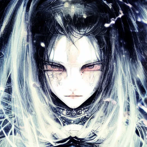 Image similar to Yoshitaka Amano blurred and dreamy illustration of an anime girl with black eyes, wavy white hair and cracks on her face wearing elden ring armour with the cape fluttering in the wind, abstract black and white patterns on the background, noisy film grain effect, highly detailed, Renaissance oil painting, weird portrait angle