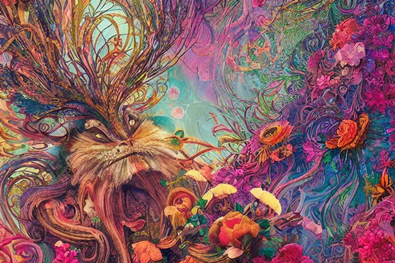 Prompt: a painting of a creature with flowers on its head, poster art by android jones, behance contest winner, generative art, made of flowers, grotesque, concert poster