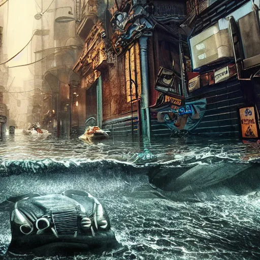 Prompt: A city street under water, below the surface, flood, atlantis, horror, liminal, hyper detailed, dramatic lighting, CGsociety, realistic, fish, hyper detailed, insane details, intricate, dramatic lighting, hypermaximalist, golden ratio, rule of thirds, octane render, weta digital, micro details, ultra wide angle, Artstation trending, 8k,