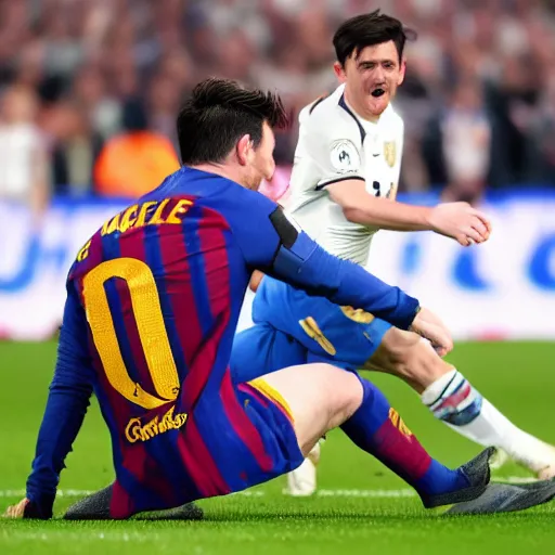 Prompt: Harry Maguire kicking Messi in the balls to steal his Ballon dór