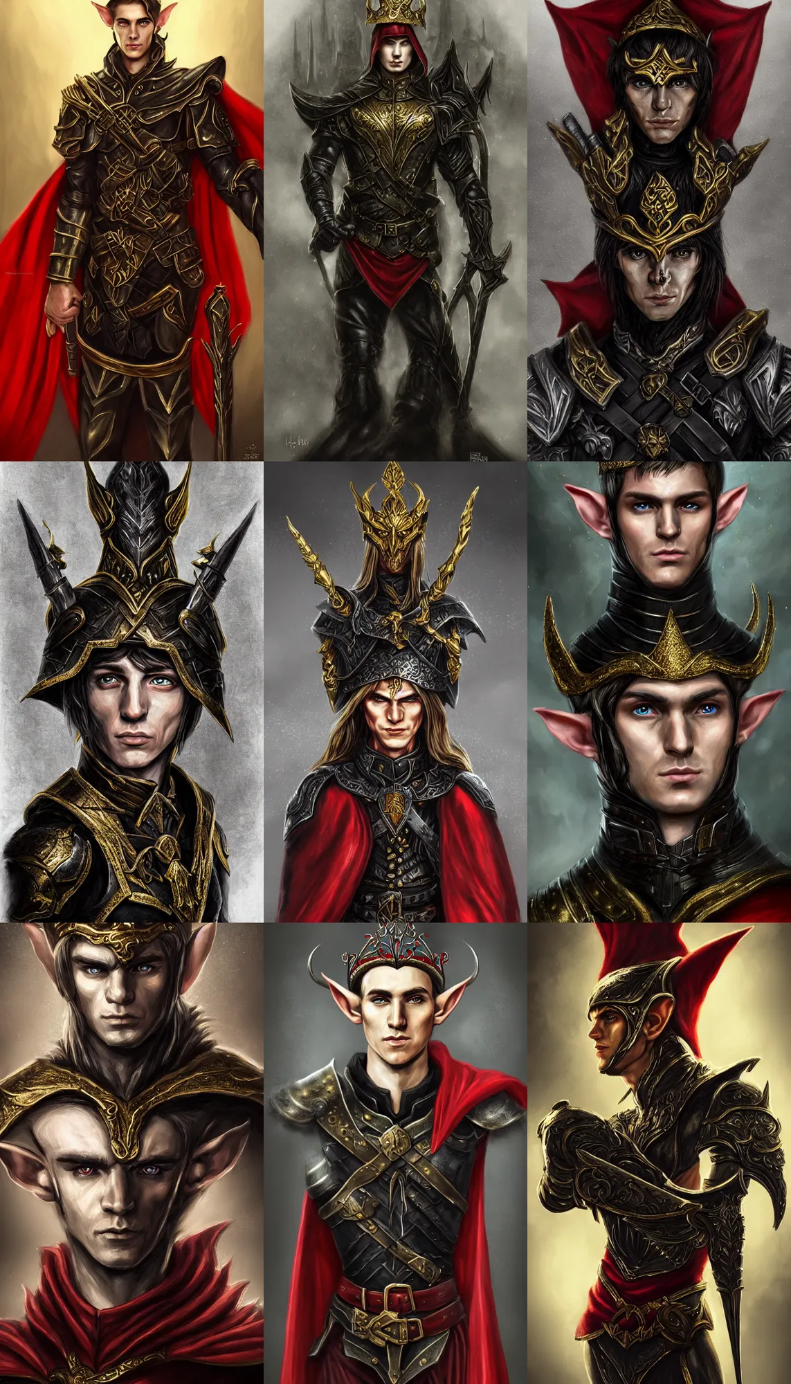 Prompt: Portrait of an elf, he is about 20 years old, lean and muscular, attractive, military composure, smug look, he is wearing a black metal tiara, black heavy armor with gold plating, and a red cape | highly detailed portrait, digital painting, illustration, smooth, sharp focus, ArtStation, ArtStation HQ.