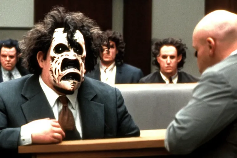 Image similar to leatherface in court testifying against robocop, detailed facial expressions