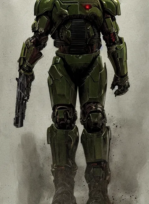 Image similar to henry cavill as doomguy, full body concept, cyborg, borg, strogg, face of a man, terminator, flesh, quake strogg, doom demon, wolfenstein, monstrous, powerful, symmetry, symmetrical, concept art by ruan jia and greg rutkowski