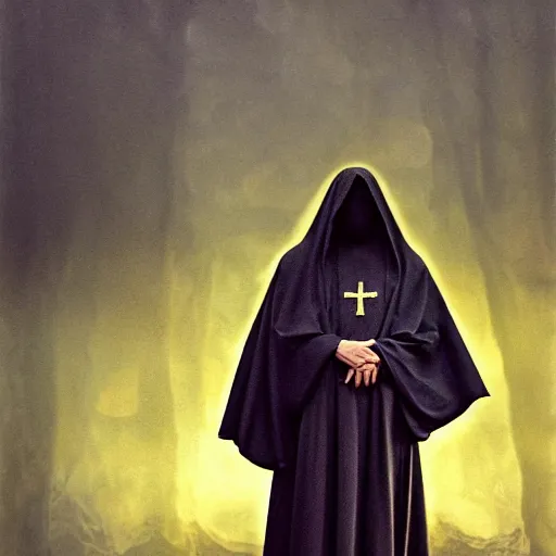 Image similar to a portrait of a twin nuns wearing a long dark cloak, hood and shadows covering face, holding golden chains, oil painting, matte painting, black background, Volumetric Golden dappled dynamic lighting, Highly Detailed, Cinematic Lighting, Unreal Engine, 8k, HD, by Beksinski