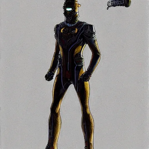 Image similar to concept art, stylized, super exaggerated proportions, concept design, male, science fiction suit, by jean giraud