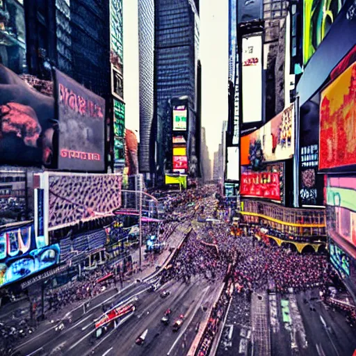 Prompt: tilt-shift photograph of a lovecraftian monster destroying times square