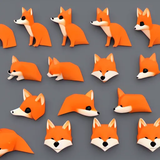 Prompt: matte colored 🦊 fox emoji made of clay, 3D render, perspective white background