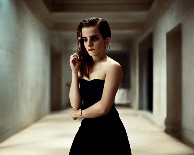 Image similar to emma watson lost in backrooms, cinestill 800t, cinematic shot, 4k HD,black bar movie